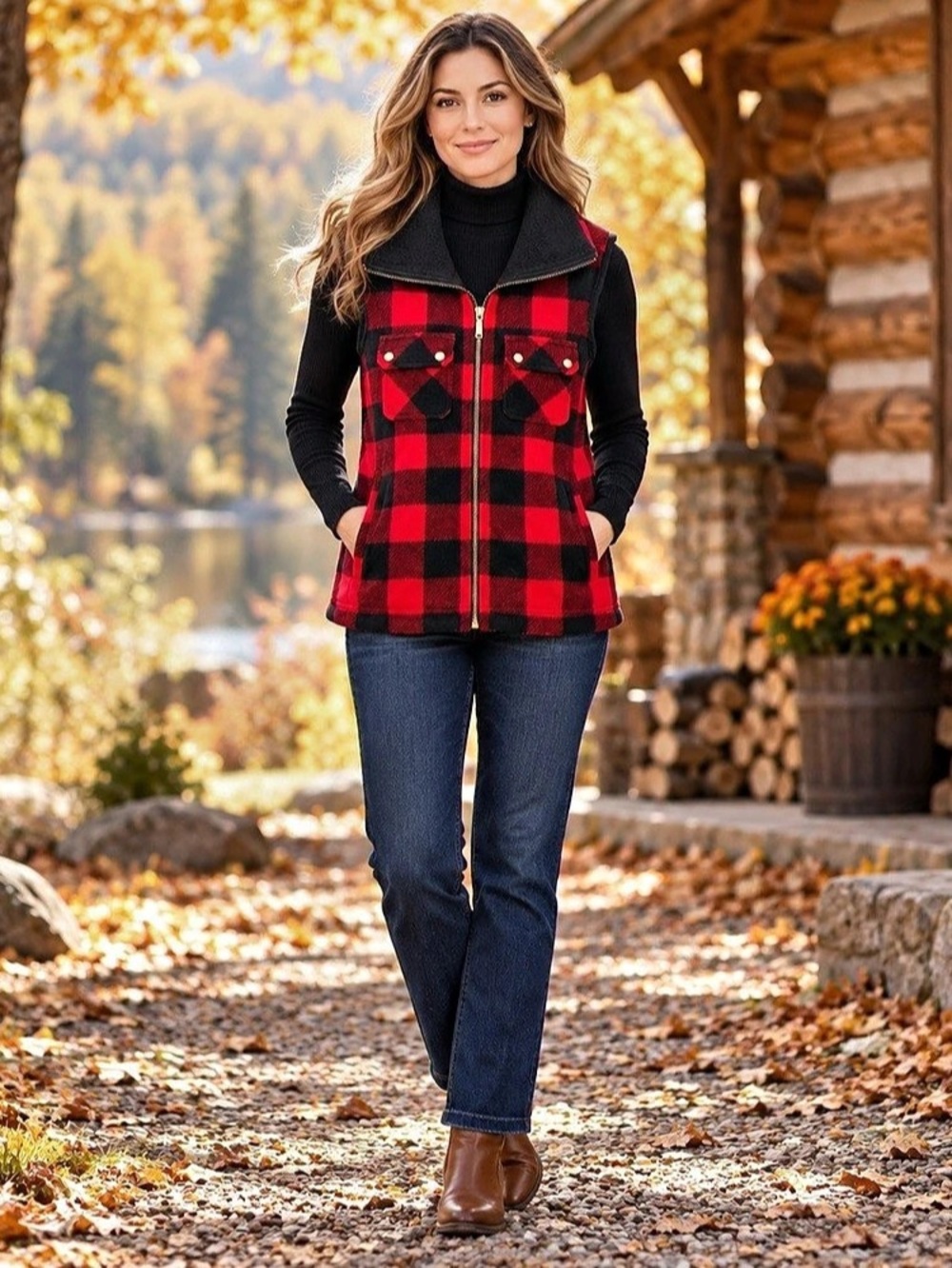 Chaps Buffalo Plaid Fleece Vest L